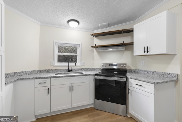 kitchen featuring a sink, crown molding, stainless steel range with electric stovetop, white cabinetry, and open shelves