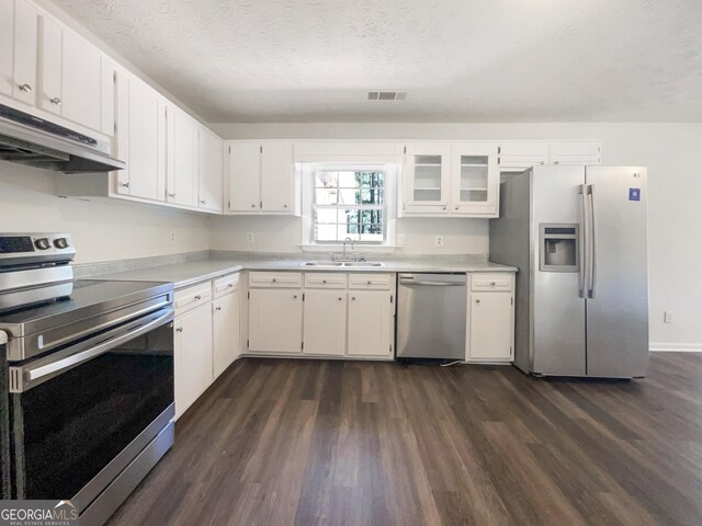 105 Creekwood Ln, Fayetteville, GA 30214 - kitchen featuring under cabinet range hood, dark wood finished floors, light countertops, appliances with stainless steel finishes, and a sink