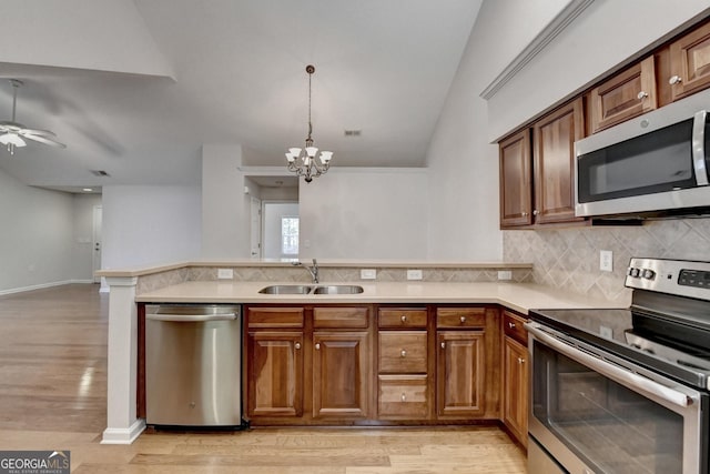 kitchen featuring light countertops, decorative backsplash, appliances with stainless steel finishes, a peninsula, and a sink