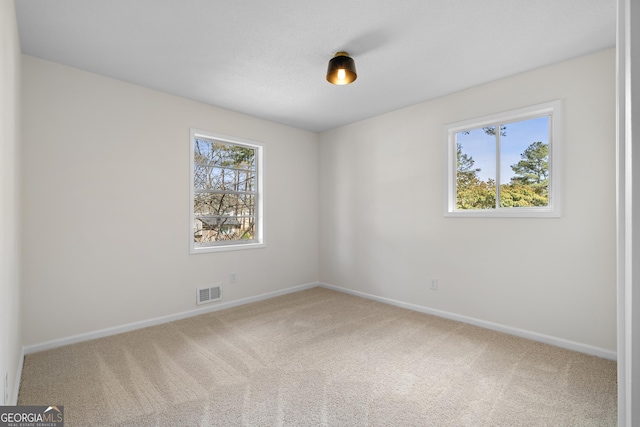 carpeted empty room with visible vents, a healthy amount of sunlight, and baseboards