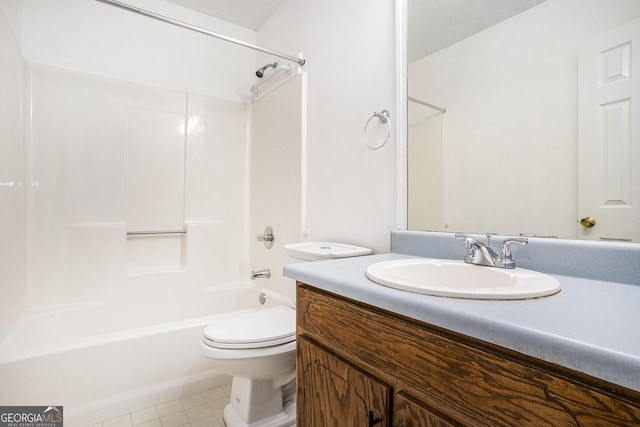 bathroom featuring toilet, tile patterned floors, shower / washtub combination, and vanity