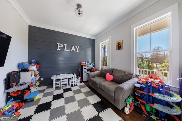 rec room featuring crown molding and wood finished floors