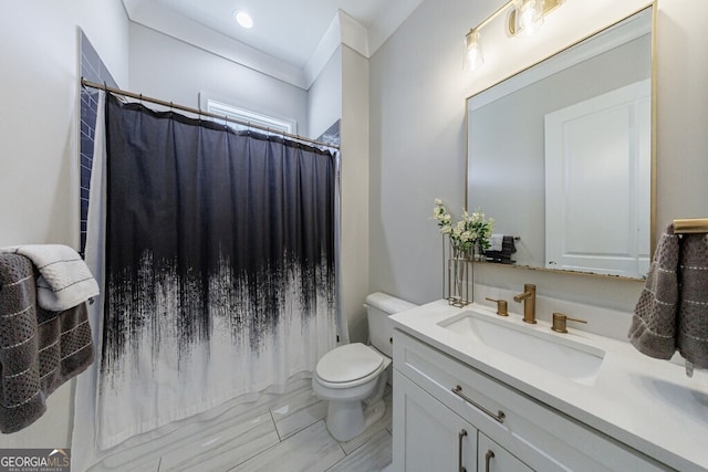 full bathroom with toilet, vanity, and a shower with shower curtain
