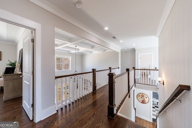 hallway featuring recessed lighting, an upstairs landing, beam ceiling, and wood finished floors