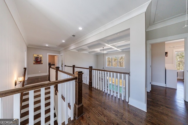corridor featuring an upstairs landing, baseboards, coffered ceiling, and wood finished floors