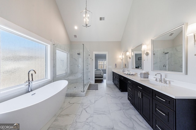 ensuite bathroom with a sink, visible vents, and a stall shower