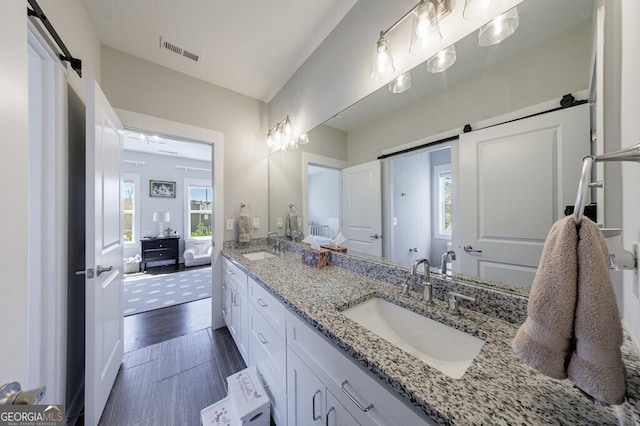 full bathroom with a sink, visible vents, double vanity, and plenty of natural light