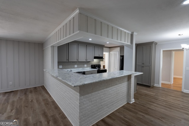 kitchen with black / electric stove, gray cabinets, under cabinet range hood, tasteful backsplash, and ornamental molding