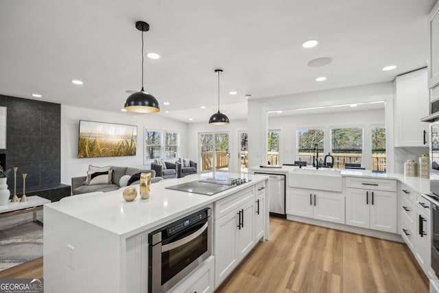 7410 Fields Dr, Cumming, GA 30041 - kitchen with open floor plan, appliances with stainless steel finishes, white cabinetry, and light wood-type flooring