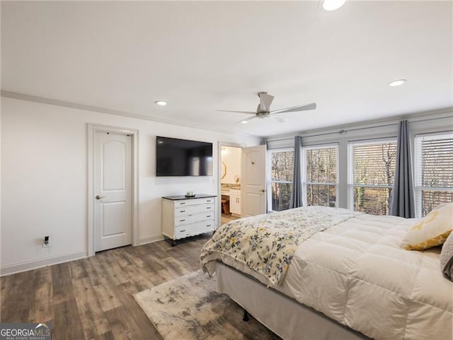 6041 Blackberry Ln, Buford, GA 30518 - bedroom featuring multiple windows, baseboards, recessed lighting, wood finished floors, and a ceiling fan