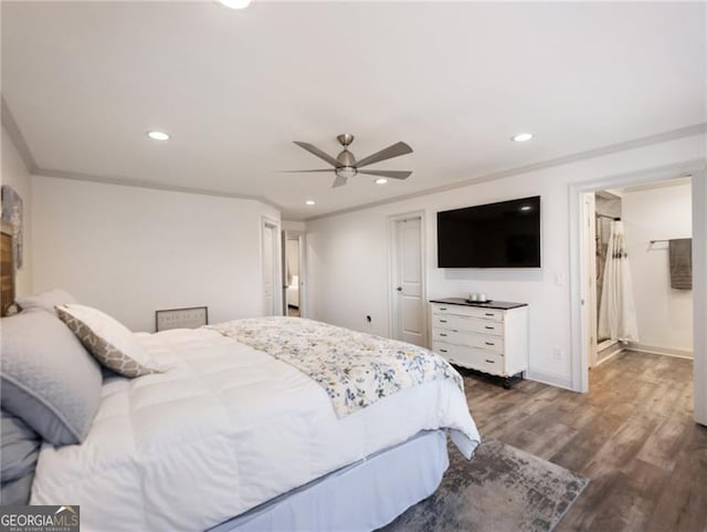 6041 Blackberry Ln, Buford, GA 30518 - bedroom with recessed lighting, wood finished floors, baseboards, a ceiling fan, and crown molding