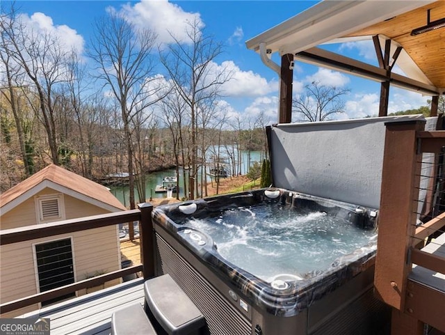 6041 Blackberry Ln, Buford, GA 30518 - wooden terrace featuring a water view and a hot tub