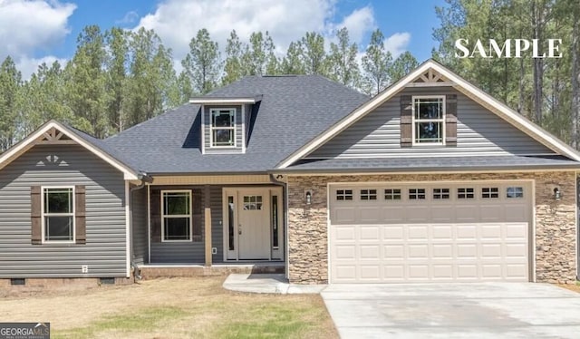 view of front of house featuring covered porch, a garage, driveway, and roof with shingles