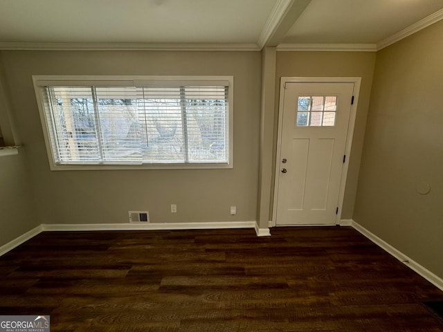 1380 Margarette Dr, Decatur, GA 30035 - foyer featuring visible vents, baseboards, dark wood-style flooring, and crown molding