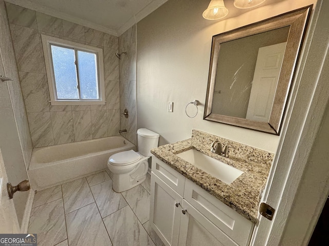 1380 Margarette Dr, Decatur, GA 30035 - full bath featuring toilet, ornamental molding, bathtub / shower combination, marble finish floor, and vanity