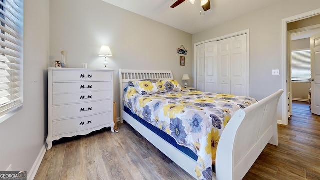 5612 Hickory Dr, Patterson, GA 31557 - bedroom featuring baseboards, wood finished floors, a closet, and ceiling fan