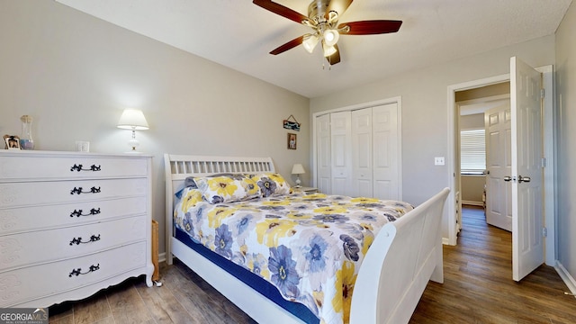 5612 Hickory Dr, Patterson, GA 31557 - bedroom featuring ceiling fan, a closet, baseboards, and wood finished floors