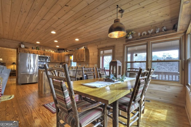 65 Weoka Ct, Ellijay, GA 30540 - dining room featuring wood ceiling, light wood-style floors, wood walls, and recessed lighting