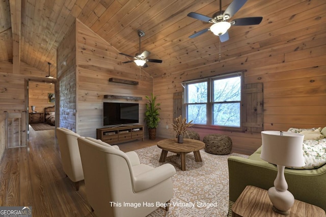 65 Weoka Ct, Ellijay, GA 30540 - living room featuring ceiling fan, wood finished floors, vaulted ceiling, wood walls, and wood ceiling
