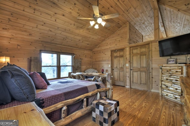 65 Weoka Ct, Ellijay, GA 30540 - bedroom featuring wood walls, wooden ceiling, wood finished floors, and high vaulted ceiling