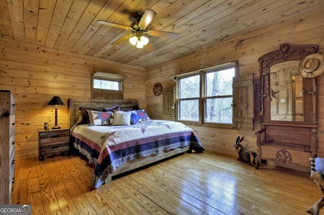 65 Weoka Ct, Ellijay, GA 30540 - bedroom with light wood-style flooring, wooden walls, wooden ceiling, and a ceiling fan