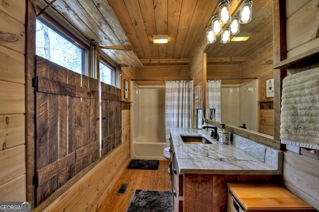 65 Weoka Ct, Ellijay, GA 30540 - full bathroom featuring wooden ceiling, hardwood / wood-style floors, toilet, shower / bath combo, and wooden walls