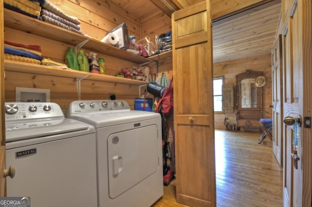65 Weoka Ct, Ellijay, GA 30540 - clothes washing area featuring separate washer and dryer, wooden walls, light wood finished floors, and wooden ceiling