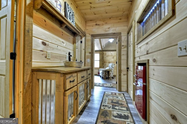 65 Weoka Ct, Ellijay, GA 30540 - corridor featuring wood walls, wooden ceiling, and dark wood-type flooring