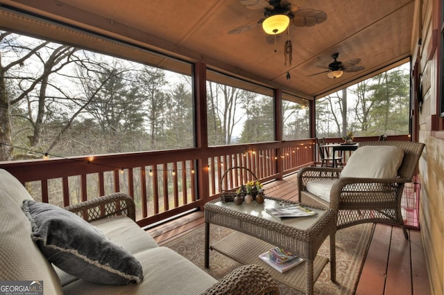 65 Weoka Ct, Ellijay, GA 30540 - wooden terrace with an outdoor hangout area and a ceiling fan