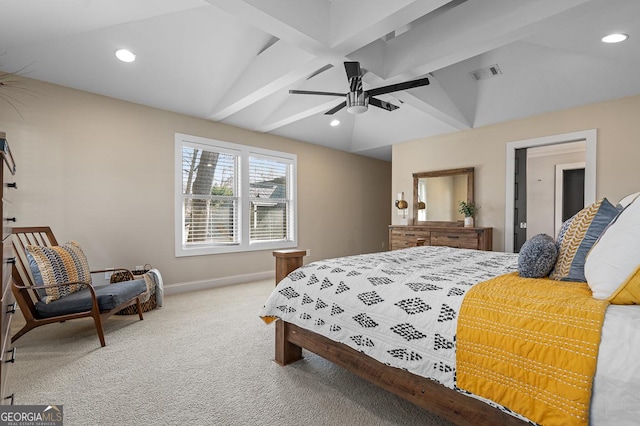 bedroom featuring lofted ceiling with beams, visible vents, carpet floors, and recessed lighting