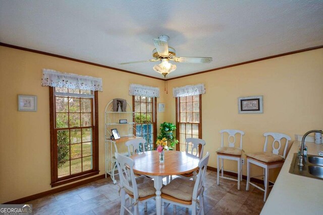 dining area featuring ceiling fan, baseboards, and crown molding