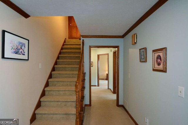stairs with baseboards, carpet flooring, a textured ceiling, and crown molding