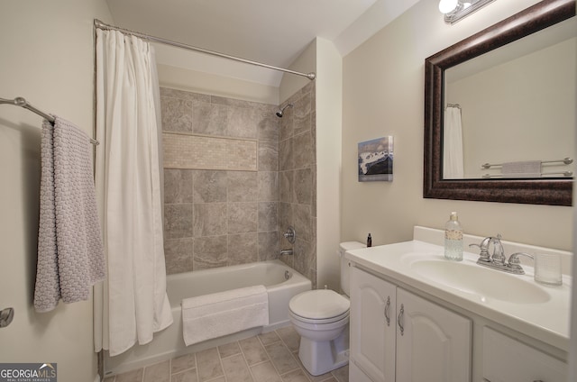 full bathroom with toilet, shower / bath combo with shower curtain, and vanity
