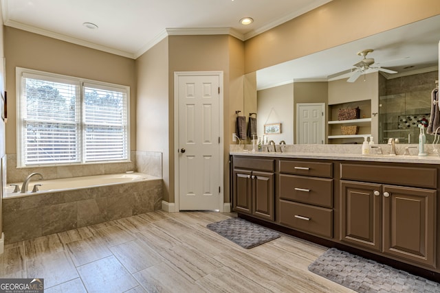 5 Pembroke Ln, Cartersville, GA 30120 - bathroom with double vanity, ornamental molding, ceiling fan, and a bath