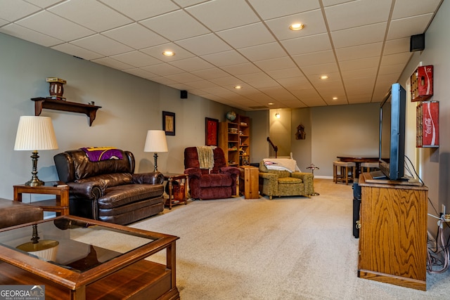 5 Pembroke Ln, Cartersville, GA 30120 - carpeted living room featuring recessed lighting, a paneled ceiling, and baseboards