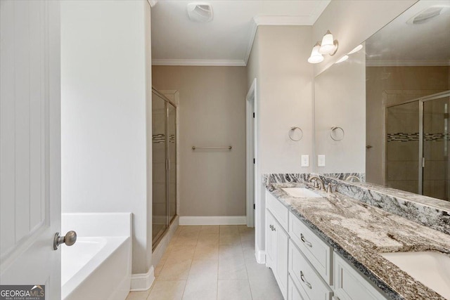 14 Carters Way, Forsyth, GA 31029 - bathroom with a shower stall, a garden tub, double vanity, crown molding, and tile patterned flooring