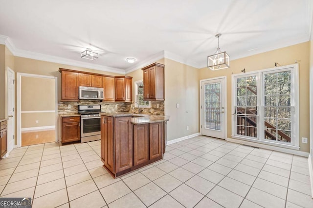 kitchen with decorative backsplash, appliances with stainless steel finishes, light tile patterned flooring, and brown cabinetry