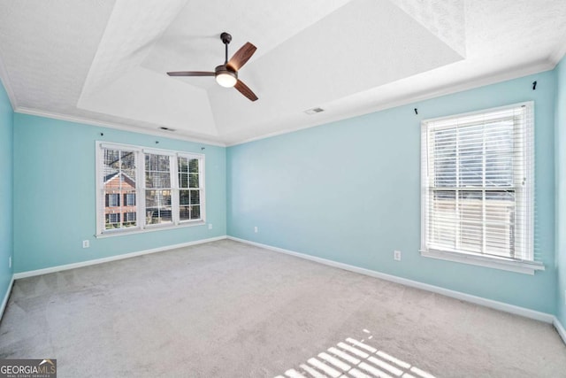 carpeted empty room featuring a ceiling fan, a raised ceiling, crown molding, and a wealth of natural light