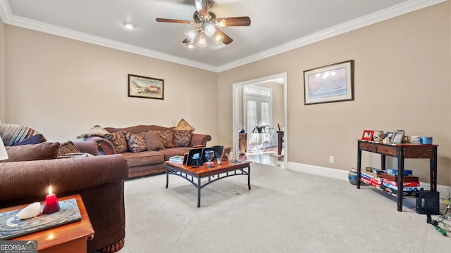 26 The Trl SE, Lindale, GA 30147 - living room featuring crown molding, a ceiling fan, light carpet, and baseboards