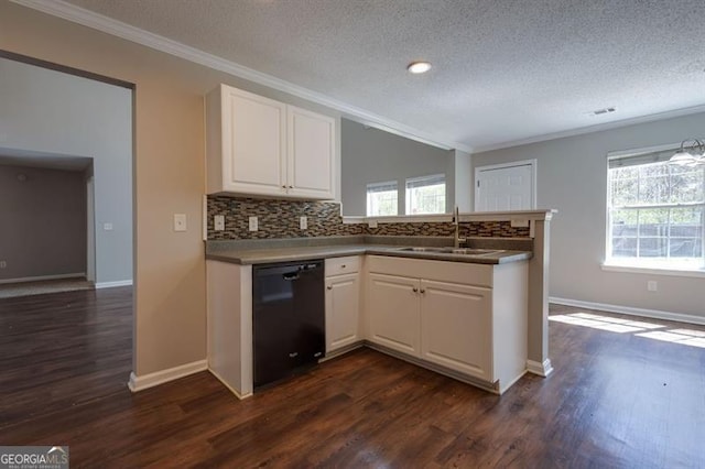 6251 Lamp Post Pl, Atlanta, GA 30349 - kitchen featuring dishwasher, a textured ceiling, tasteful backsplash, dark wood-style flooring, and a peninsula