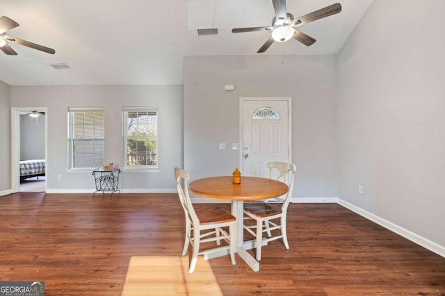 32 Martin Luther King Jr Dr, Commerce, GA 30529 - dining space with baseboards, ceiling fan, visible vents, and wood finished floors