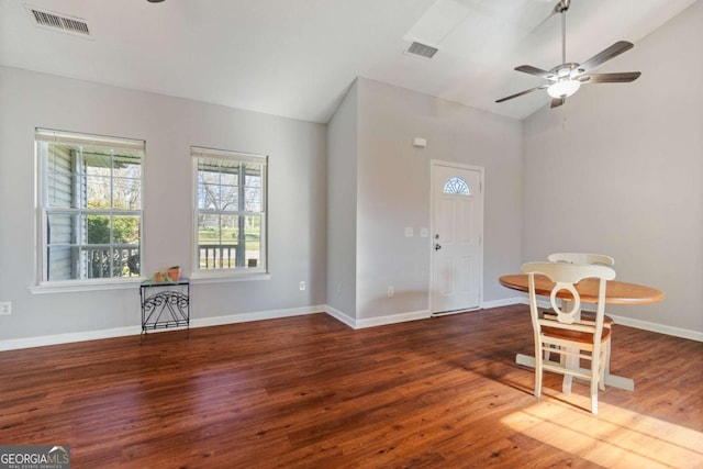 32 Martin Luther King Jr Dr, Commerce, GA 30529 - entryway with a ceiling fan, vaulted ceiling, wood finished floors, and visible vents