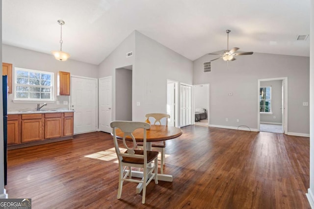 32 Martin Luther King Jr Dr, Commerce, GA 30529 - dining room with ceiling fan, visible vents, and dark wood-type flooring