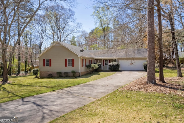 single story home with roof with shingles, an attached garage, driveway, crawl space, and a front yard