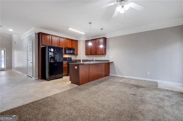 5027 Lower Elm St, Atlanta, GA 30349 - kitchen with black appliances, open floor plan, crown molding, a peninsula, and ceiling fan
