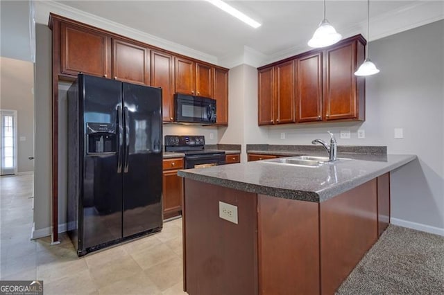 5027 Lower Elm St, Atlanta, GA 30349 - kitchen with black appliances, a peninsula, ornamental molding, and pendant lighting