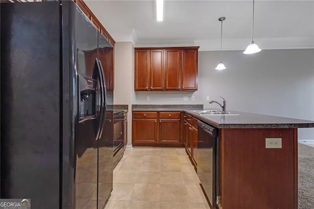 5027 Lower Elm St, Atlanta, GA 30349 - kitchen featuring black fridge with ice dispenser, dishwasher, dark countertops, a peninsula, and range