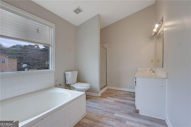 864 Oakhill Ct, Stone Mountain, GA 30088 - bathroom with vanity, a bath, wood finished floors, and a shower with door