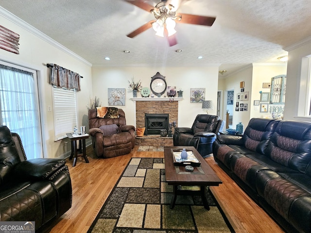 403 Holiday Rd, Franklin, GA 30217 - living area featuring a textured ceiling, a stone fireplace, crown molding, light wood finished floors, and ceiling fan
