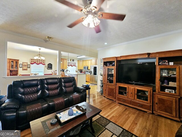 403 Holiday Rd, Franklin, GA 30217 - living area featuring light wood-style flooring, a textured ceiling, ceiling fan with notable chandelier, and crown molding